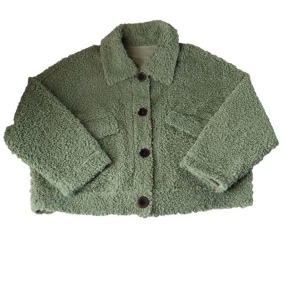 MOTF Faux Sherpa Crop Jacket Green Size Large - Picture 1 of 12